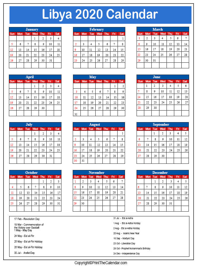 Libya Printable Calendar 2020